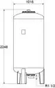 Vertikales Druckausdehnungsgefäß mit rundem Körper und Anschluss an der Unterseite, gefertigt von IMI Hydronic Engineering, abgebildet mit Dimensionen und Anschlussdetails.